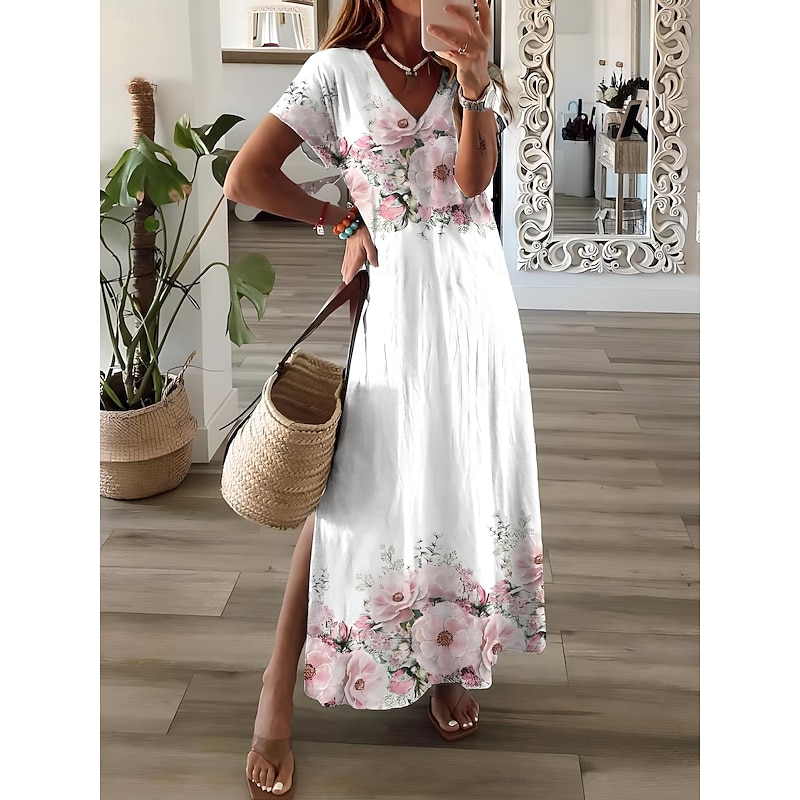 Women's Maxi Dress Sundress A Line Dress Vacation Casual Beach Party Going out Regular Fit Floral Graphic Short Sleeve V Neck Light Pink White Pink Spring Fall2