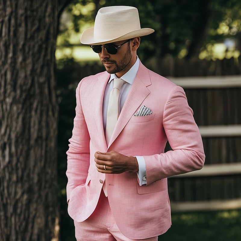 Men's Wedding Party Linen Suits Peaked Lapel Pink Fashion Casual Solid Colored Standard Fit 2 Piece Single Breasted Two-buttons2