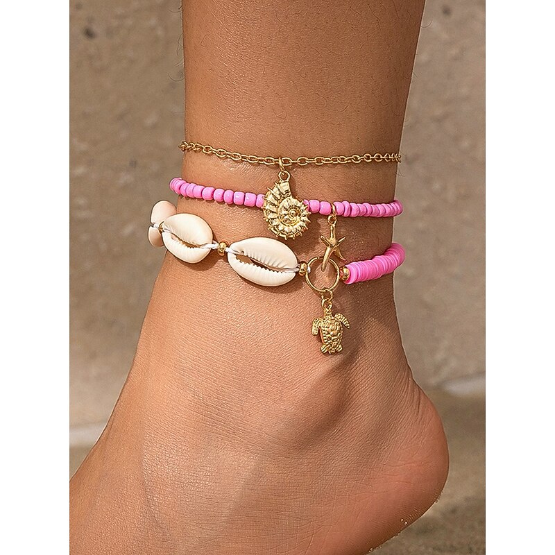 Bohemian Beach Anklet Set – Handmade Turquoise Beaded Ankle Bracelets with Seashell, Starfish, and Conch Charms, Summer Foot Jewelry for Women, Vacation & Festival Accessories3