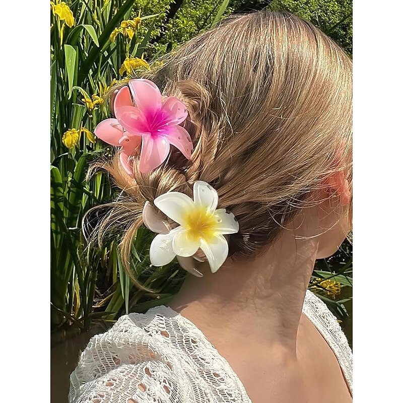 6PCS Hawaiian Plumeria Flower Hair Clips – Tropical Resin Hair Accessories for Women & Girls, Beach Wedding, Luau Party & Summer Vacation Styling2