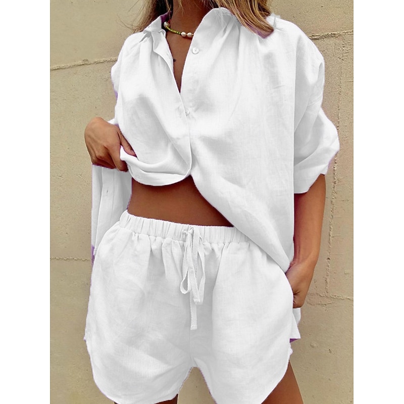 Women's Pajamas Loungewear Pajama Set Simple Casual Comfort Pure Color Buttons Shirt Cardigan Shorts Home Gift Daily Short Sleeve Lapel Black White Blue Purple Khaki Summer Spring Fall Loose Fit