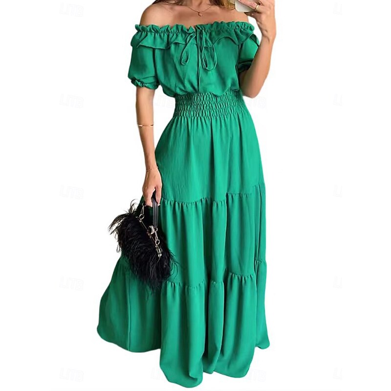 Women's Maxi Dress A Line Dress Milkmaid Dress Off The Shoulder Dress Puff Sleeve Dress Vacation Outdoor Daily Regular Fit Solid Color Short Sleeve Off Shoulder Black Yellow Red3