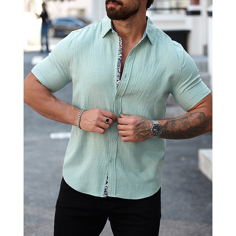 Men's Shirt Summer Shirt Casual Shirt Beach Shirt Button Up Shirt Black White Light Green Blue khaki Short Sleeve Plain Lapel Vacation Hawaiian Clothing Apparel Cotton Blend Fashion Casual Comfortable4