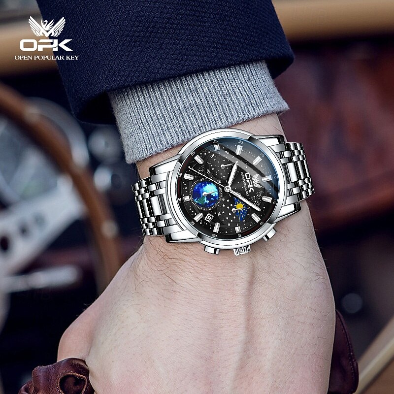 OPK Quartz Watch for Men Starry Sky Display Moon phase Multifunctional Stainless Steel Waterproof Luxury Men's Quartz Watch 81424
