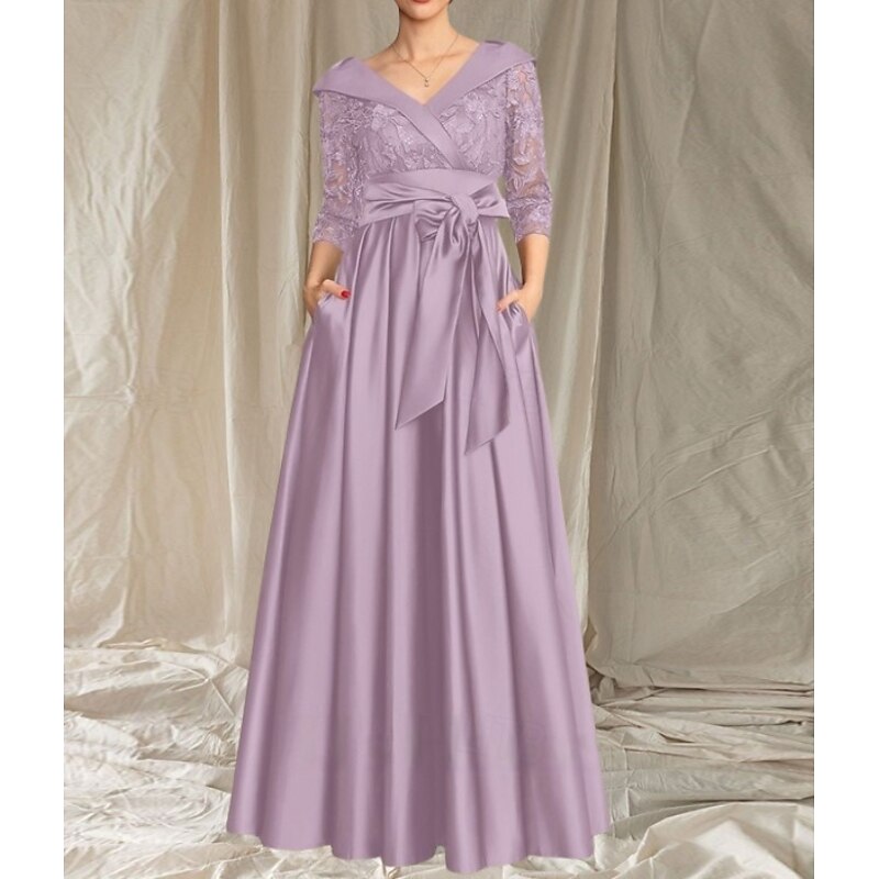 A-Line Mother of the Bride Dress Wedding Guest Elegant V Neck Floor Length Satin Lace 3/4 Length Sleeve with Lace Bow(s) Pleats