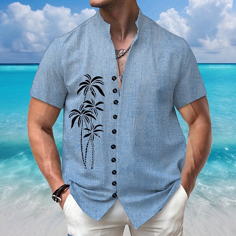Men's Coconut Tree Tropical Plants Summer Hawaiian Shirt Stand Collar Shirt Short Sleeves Hawaiian Vacation Beach Wear Grandad Collar Mandarin Collar Button Up 3D Print Linen Like Shirt Pink Blue2