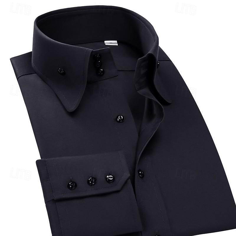 Men's Dress Shirt Non Iron Shirt Wrinkle Resistant Plain Wedding Outdoor Black White Dark Navy Long Sleeve Point Summer Spring Clothing Apparel4