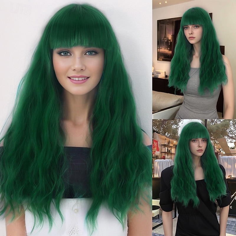 Synthetic Wig Wavy Curly Weave Layered Haircut With Bangs Machine Made Wig 16 inch A1 Synthetic Hair Women's Classic Comfortable Color Gradient Green