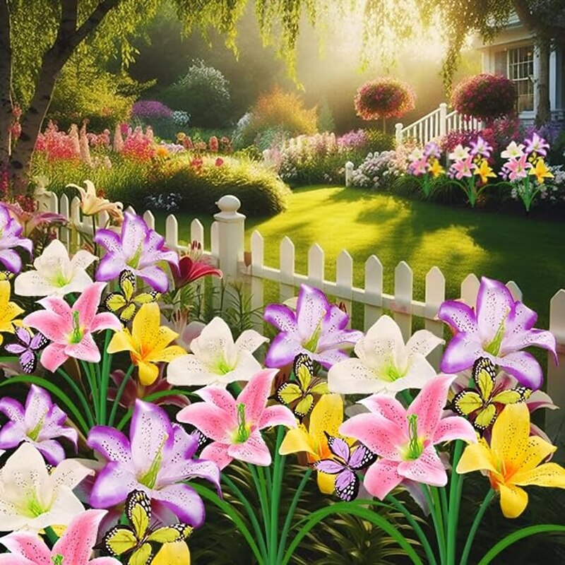 1 Pc outdoor solar simulation butterfly lily flower ground plug-in light pole glowing courtyard garden park path lawn wedding festival party memorial decoration light in front of tombstone