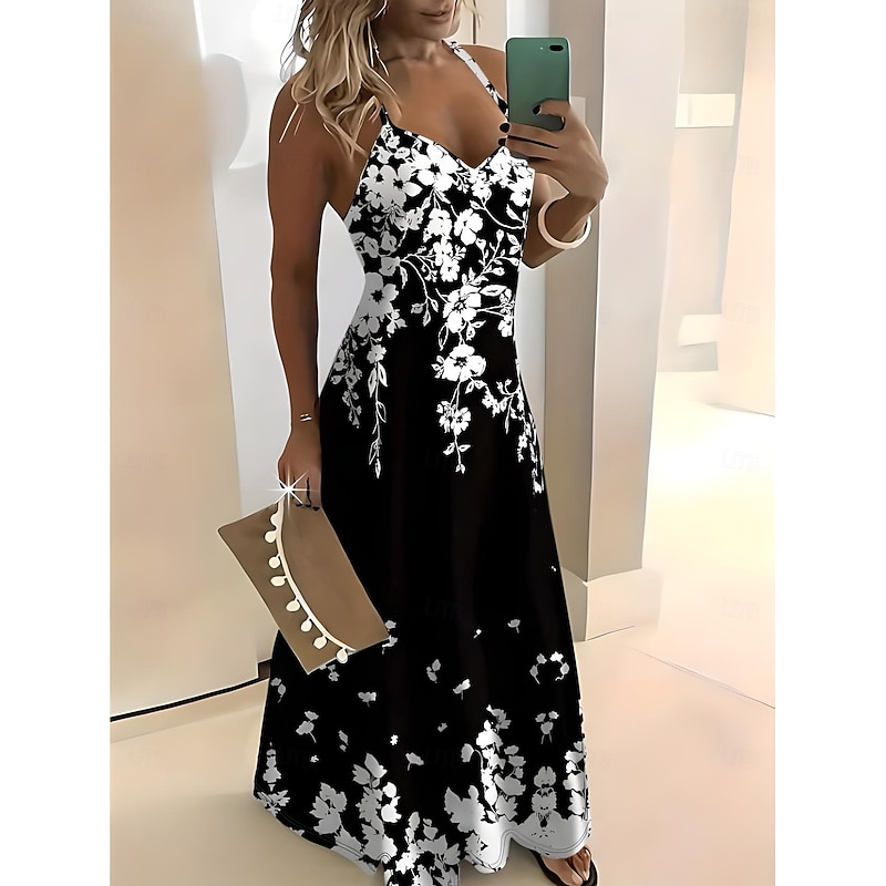 Women's Midi Dress Sundress A Line Dress Slip Dress Vacation Casual Vacation Daily Beach Regular Fit Floral Graphic Sleeveless V Neck Black Summer Spring