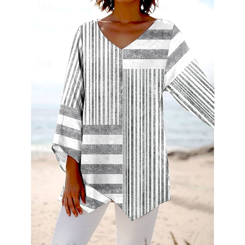 Women's Blouse Long Sleeve Asymmetrical Hem Graphic Striped Stylish Beach Short Sleeve V Neck Regular Tops Daily Print Pink Blue Gray Spring Fall