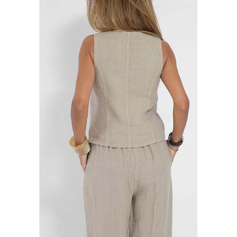 Women's Active Basic Linen-Inspired Sets Two Piece Sets Blouse Sleeveless V Neck Solid Color Dubbele Rij Knopen Vacation Casual Daily Black White Wine Summer Regular Fit3