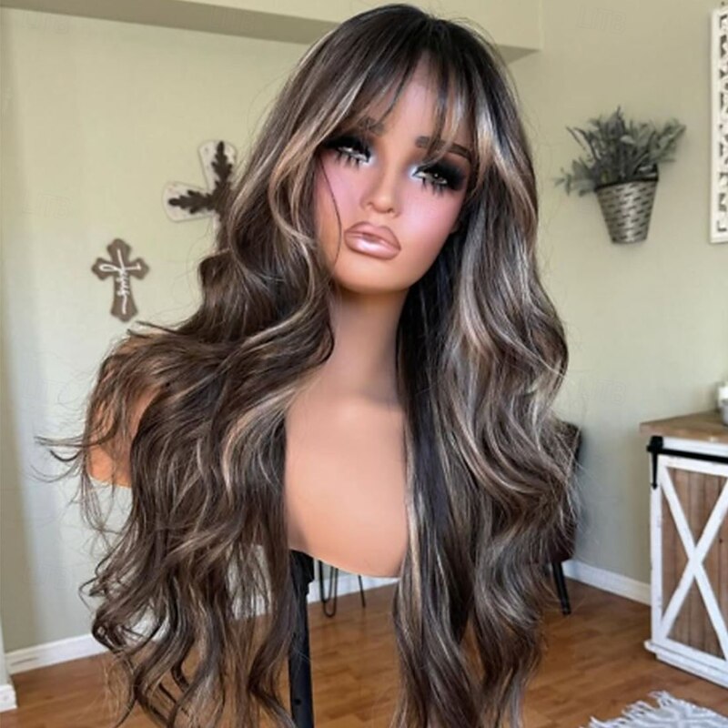 Unprocessed Virgin Hair 5x5 Closure 13x4 Lace Front Wig With Bangs Brazilian Hair Wavy Blonde Auburn Multi-color Wig 130% 150% Density Highlighted / Balayage Hair 100% Virgin Glueless For Women Long4