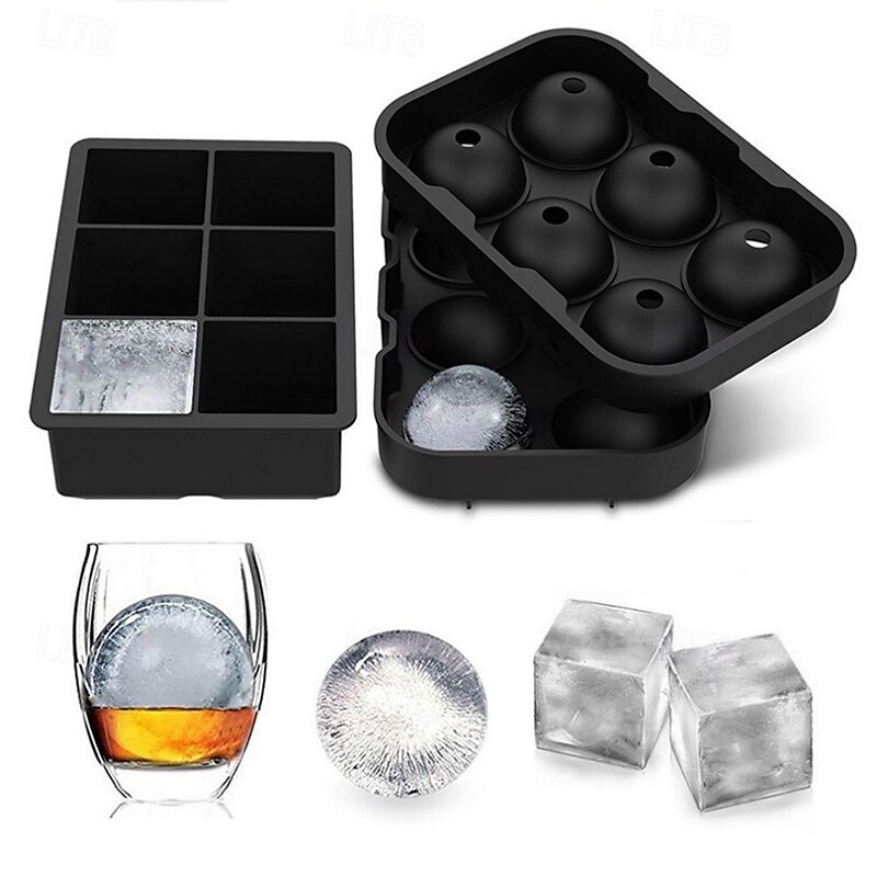Ice Cube Molds, Large Silicone Whiskey Ice Cube & Sphere Mold, 2-Inch Round & Square Trays with Lids for Cocktails & Bourbon