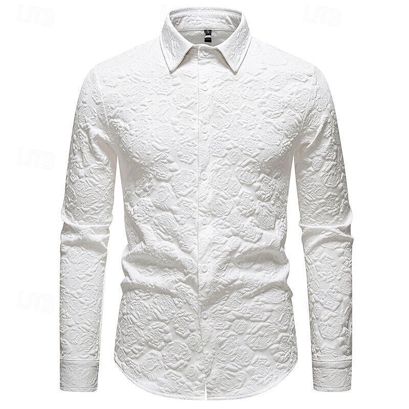 Men's Shirt Summer Shirt Casual Shirt Beach Shirt Button Up Shirt Black White Long Sleeve Plain Lapel Vacation Hawaiian Jacquard Clothing Apparel Polyester Fashion Casual Comfortable