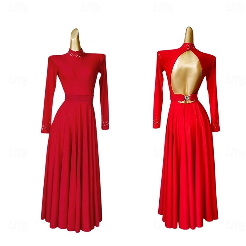 Ballroom Dance Dress Rhinestone Lace Pure Color Women's Performance Party Long Sleeve Spandex4