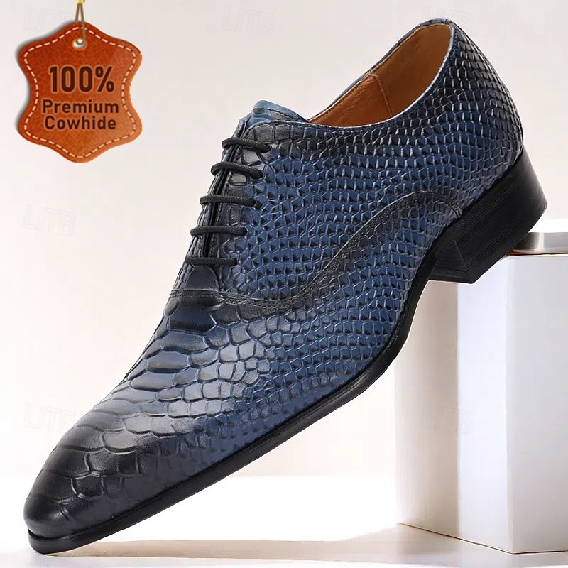 Men's Stylish Navy Crocodile Pattern Leather Oxfords - Distinguished Choice for Kentucky Derby and Executive Functions