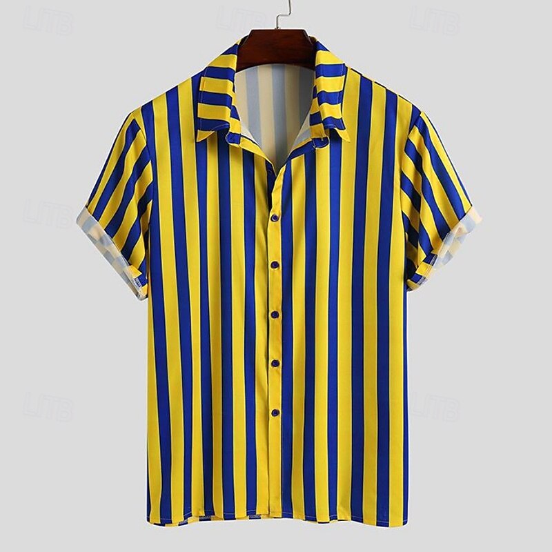 Men's T-shirt Suits 2 Pieces Outfits Tee & Shorts Short Sleeve Shirt Collar Summer Stripes Fashion Casual 2 Piece Vacation Daily Wear Going out Yellow Top Tee for Men3