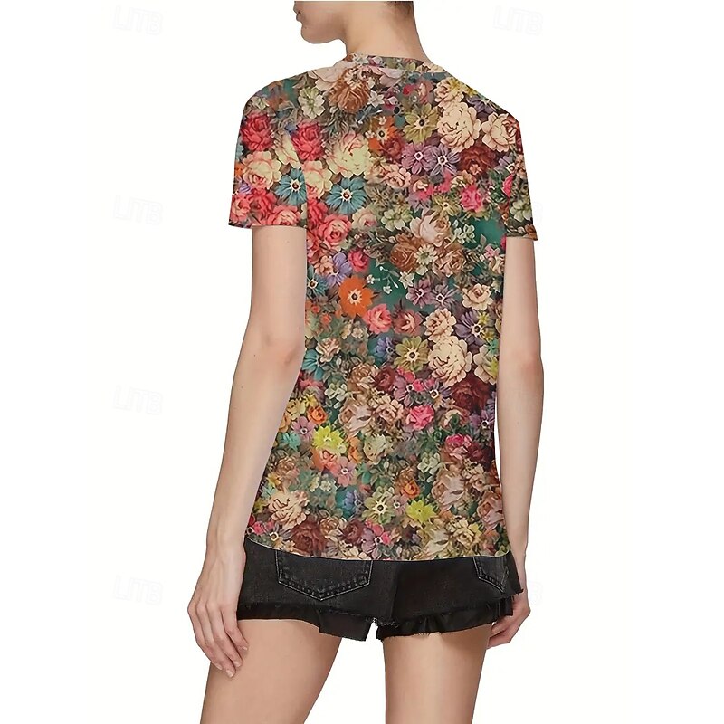 Women's T Shirt Summer Tops Floral Graphic Classic Casual Short Sleeve Crew Neck Crop Tops Daily Weekend Print Rainbow Summer Spring Fall2