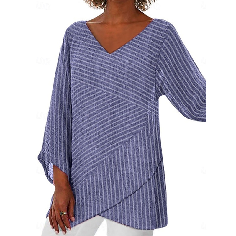 Women's Blouse Long Sleeve Asymmetrical Hem Graphic Striped Stylish Beach 3/4 Length Sleeve V Neck Regular Tops Daily Print Pink Blue Gray Spring Fall3
