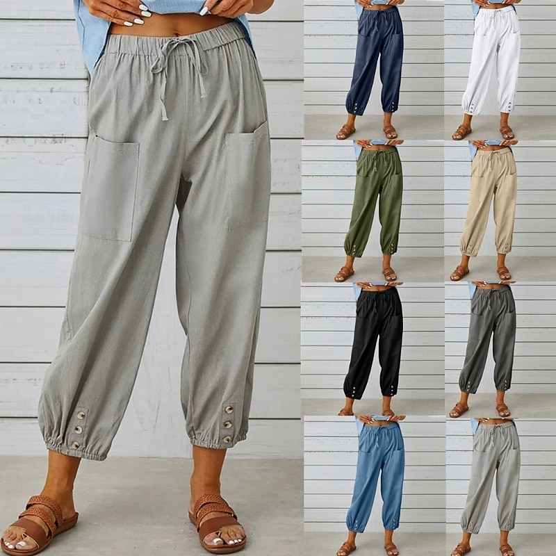 Women's Cotton Linen Shorts Linen-Inspired Pants Cotton Linen Pants Streetwear Casual Ankle-Length Natural Plain Pocket Elastic Drawstring Design Comfy Outdoor Comfortable Street Daily Wear Going out