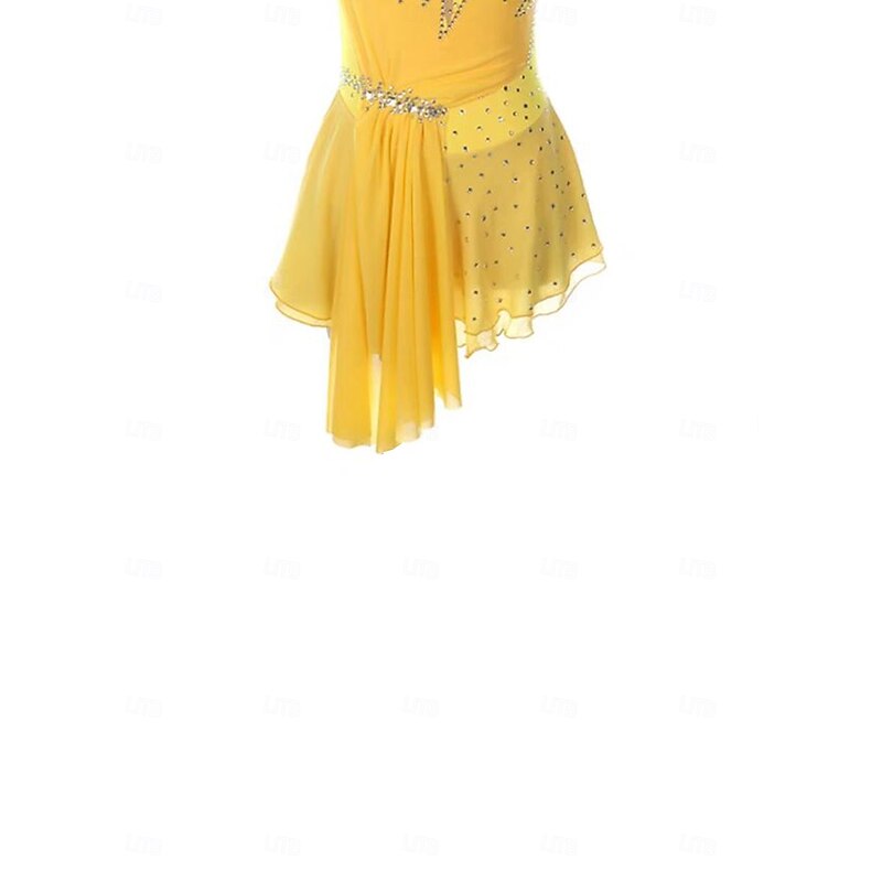 Figure Skating Dress Women's Girls' Ice Skating Dress Yellow Patchwork Open Back Mesh Spandex Stretchy Training Practice Professional Skating Wear Thermal Warm Crystal / Rhinestone Sleeveless Ice3