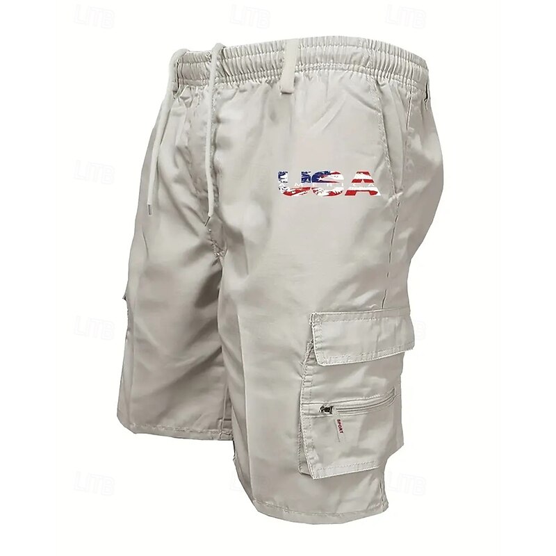 Men's Cargo Shorts Shorts Summer Shorts Drawstring Elastic Waist Multi Pocket USA Flag Comfort Wearable Knee Length Outdoor Sport Daily Fashion Casual Black Navy Blue3