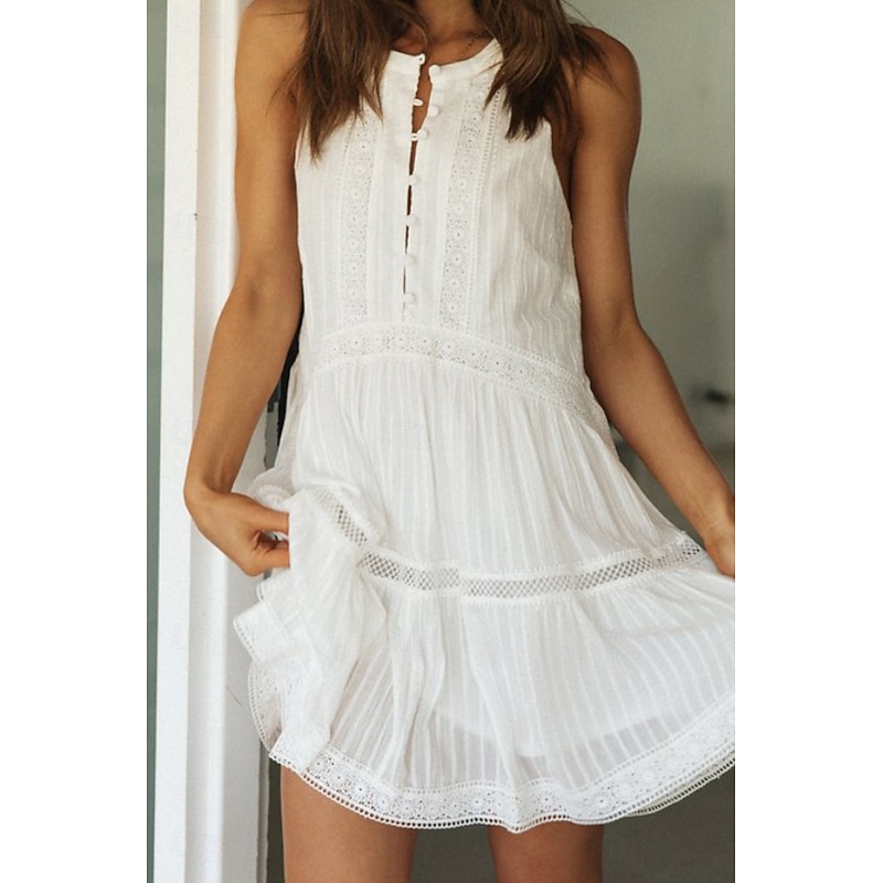 Women's Mini Dress White Dress Fashion Modern Birthday Graduation Date Regular Fit Plain Sleeveless Stand Collar White Summer4