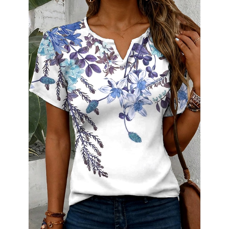 Women's T Shirt Ombre Floral Casual Short Sleeve Notched Neck Regular Tops Daily Print Light Green Pink Blue Summer Spring