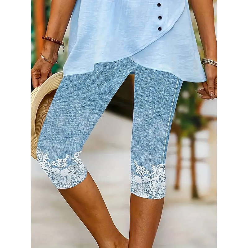 Women's Leggings Capri Pants High Elasticity Vacation Fashion Hawaiian Calf-Length Mid Waist Floral Graphic Printing Breathable Soft  Vacation Casual Daily Light Blue Summer Spring Regular Fit