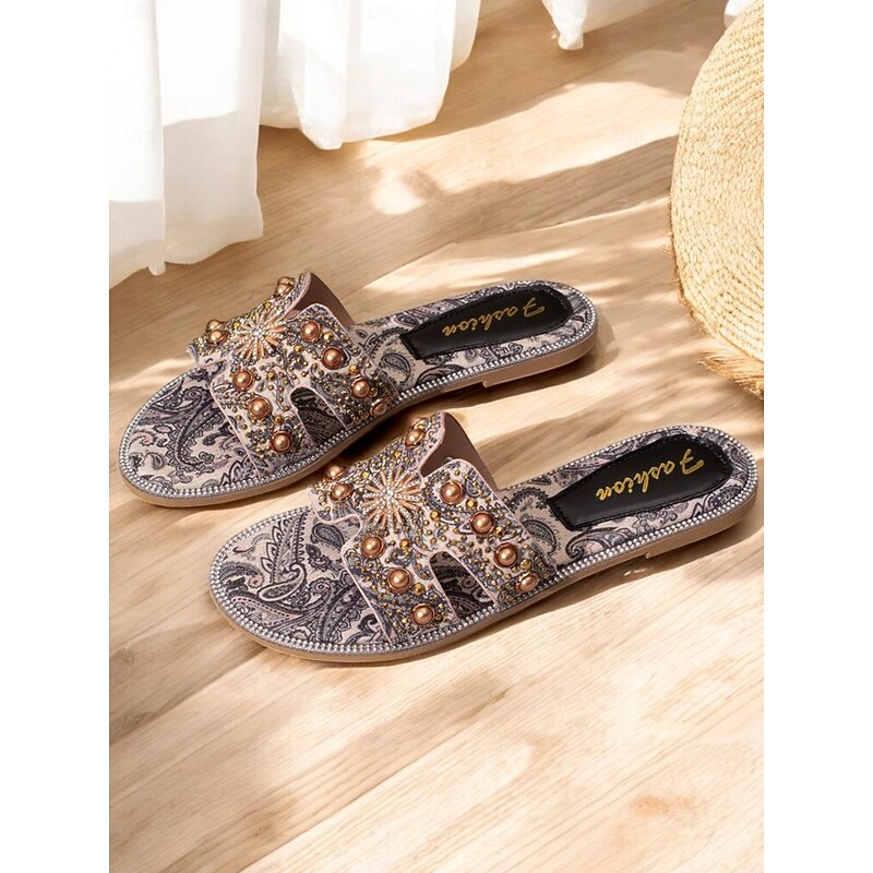 Women's Bohemian Rhinestone Embellished Flat Sandals – Paisley Print Slip-On Summer Slides for Beach, Vacation & Casual Wear4