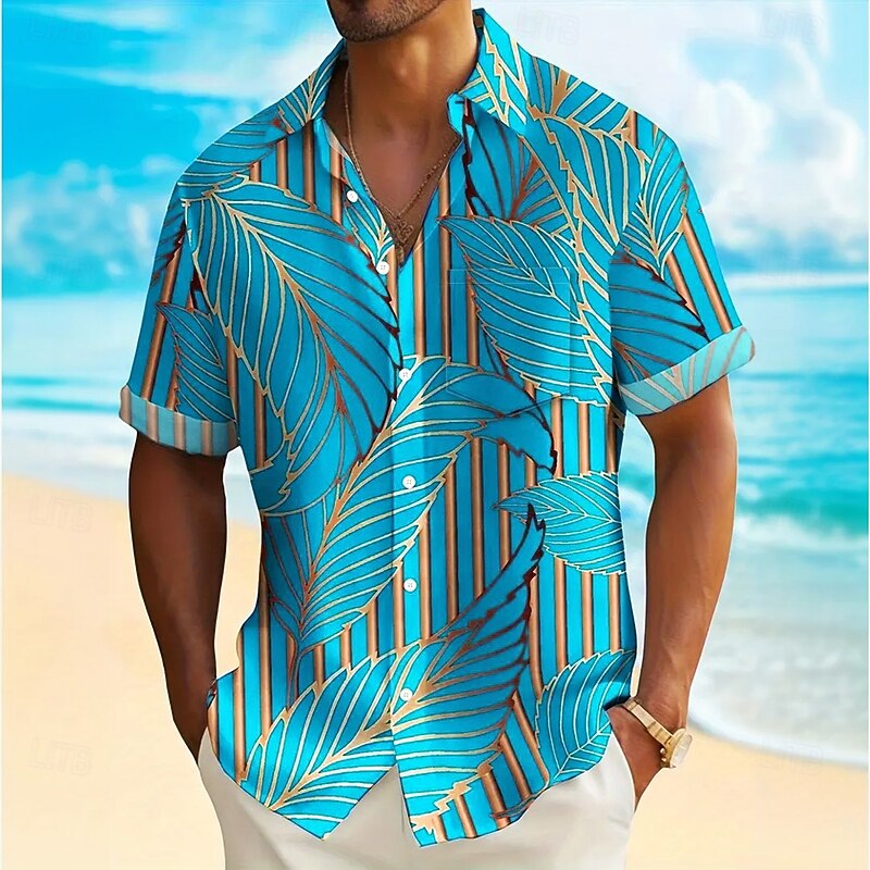 Men's Palm Leaf Tropical Plants Summer Hawaiian Shirt Button Up Shirt Short Sleeve Hawaiian Resort Vacation Holiday Beach Wear Summer Spring Turndown Collared Shirts Front One Pocket Blue Sky Blue4