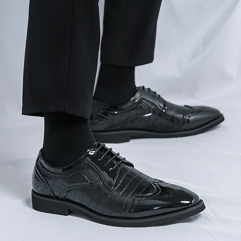 Men's Black Crocodile Pattern Patent Leather Oxfords - Elegant Dress Shoes for Formal Events3