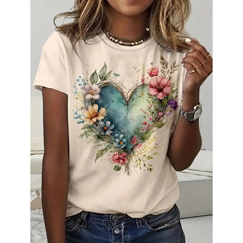 Women's T Shirt Summer Tops Heart Graphic Classic Casual Short Sleeve Crew Neck Crop Tops Daily Weekend Print Rainbow Summer Spring Fall2
