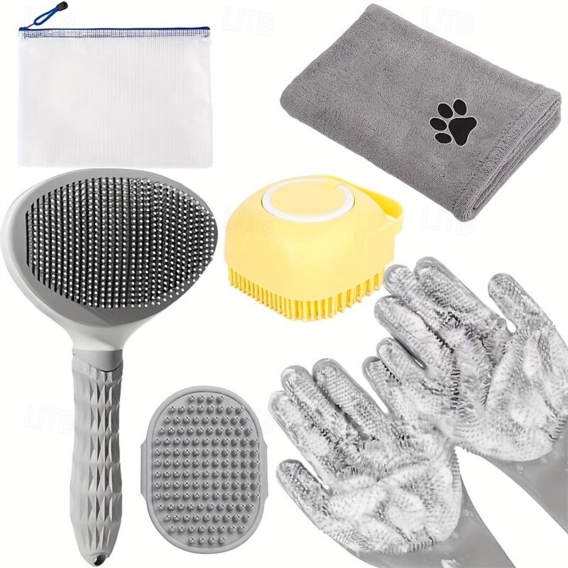 6pcs Dog Bath Brush Kit 6pcs Dog Bath Brush Kit with Towel & Washing Gloves Slicker Hair Grooming Brush for Shedding Shampoo Scrubber for Dogs and Cats2