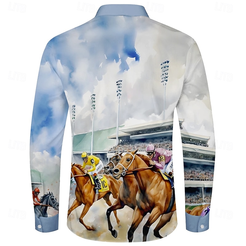 Kentucky Derby Men's Horse Racing Shirt Button Up Shirt Long Sleeve Vintage Retro Holiday Festival Summer Spring Turndown 3D Print Funny Kentucky Derby Shirts Light Blue2