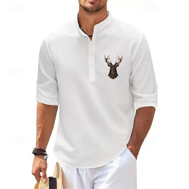 Men's Popover Shirt Summer Shirt Casual Shirt Beach Shirt Waffle Knit Shirt Black White Blue Sky Blue Dark Gray Long Sleeve Reindeer Pattern Stand Collar Henley Vacation Hawaiian Buckle Clothing3