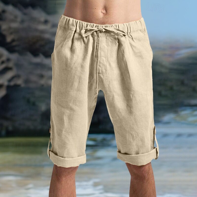 Men's Shorts Linen Shorts Summer Shorts Beach Shorts Pocket Drawstring Elastic Waist Plain Comfort Breathable Knee Length Outdoor Daily Holiday Fashion Hawaiian Black Khaki
