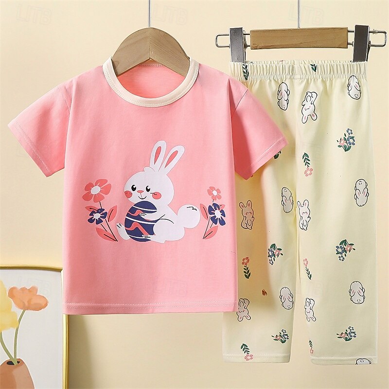 Kids Girls' Easter Pajama Sets Short Sleeve Light Pink White Yellow Rabbit Summer Adorable Home 4 years+