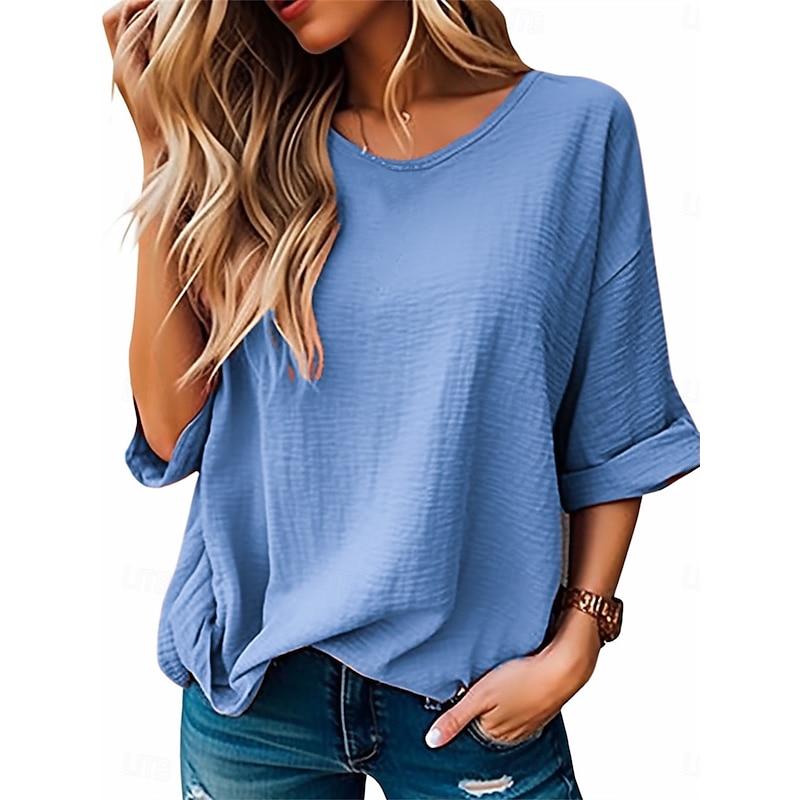Women's Blouse Solid Color Elegant Daily Stylish Half Sleeve Crew Neck Regular Tops Daily Linen Like Blue Purple Orange Green Summer Spring