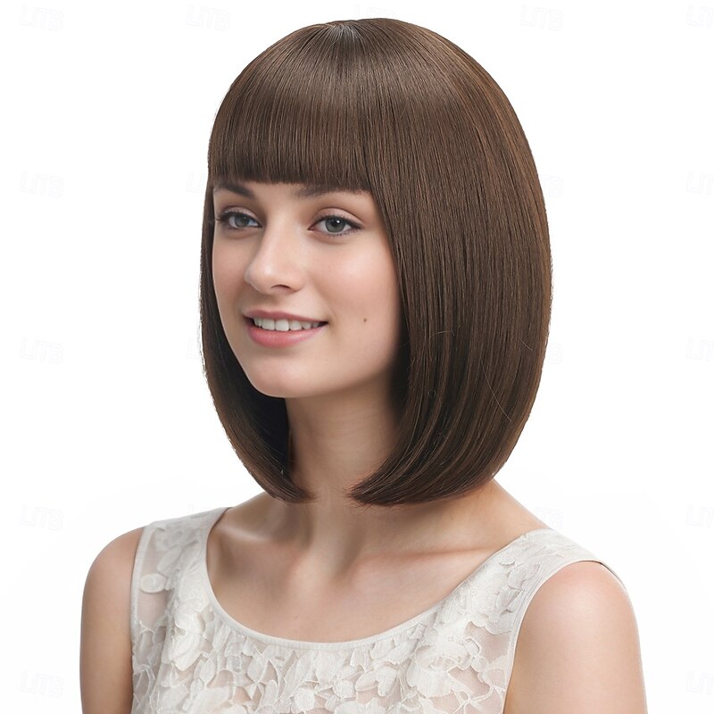 Synthetic Wig kinky Straight Yaki Straight Middle Part Neat Bang Machine Made Wig 12 inch A1 Synthetic Hair Women's Middle Part Classic Comfortable Light Brown3
