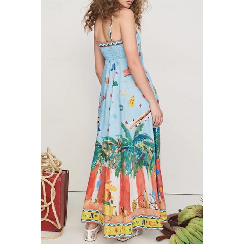 Women's Long Dress Maxi Dress Summer Dress Slip Dress Print Dress Fashion Vacation Holiday Going out Regular Fit Tropical Sleeveless Spaghetti Strap Light Blue Summer4