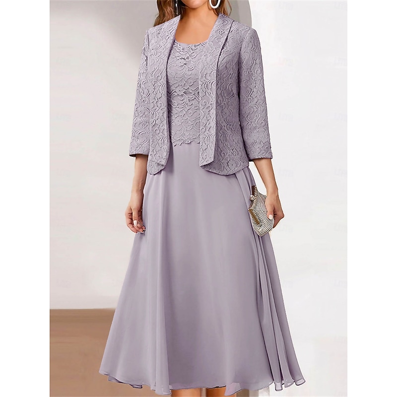 Women's Wedding Guest Cocktail Dress Chiffon Fashion Lace Patchwork Elegant Two Piece Dress Set  Fall Winter Midi Dress Crew Neck 3/4 Length Sleeve Plain Loose Fit Pink