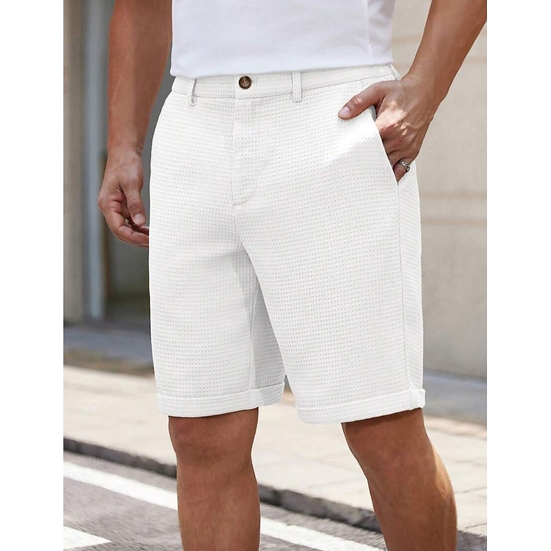 Men's Waffle Shorts Shorts Dress Shorts Pocket Elastic Waist Straight Leg Plain Comfort Soft Knee Length Office Business Casual Fashion Streetwear Black White