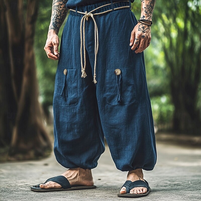 Men's Linen Pants Trousers Summer Pants Baggy Pants Drawstring Elastic Waist Wide Leg Plain Comfort Breathable Full Length Outdoor Yoga Gym Fashion Retro Vintage Navy Blue Micro-elastic