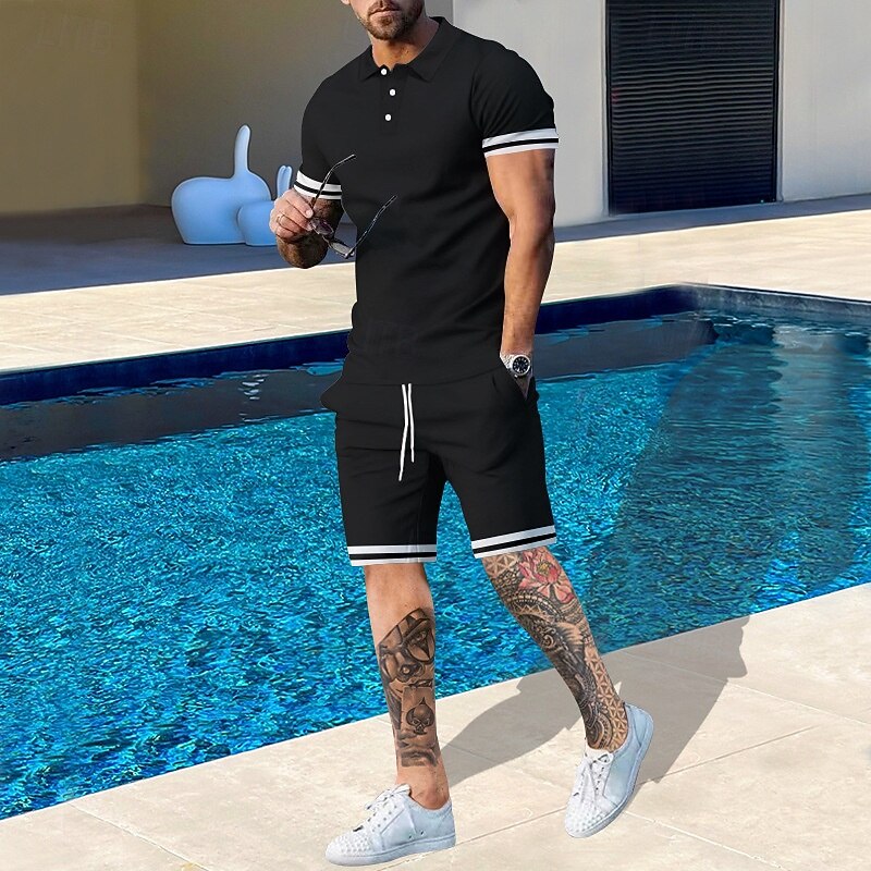 Men's T-shirt Suits 2 Pieces Outfits Tee & Shorts Short Sleeve Lapel Summer Plain Fashion Casual 2 Piece Vacation Daily Wear Going out Black White Navy Blue Top Tee for Men4