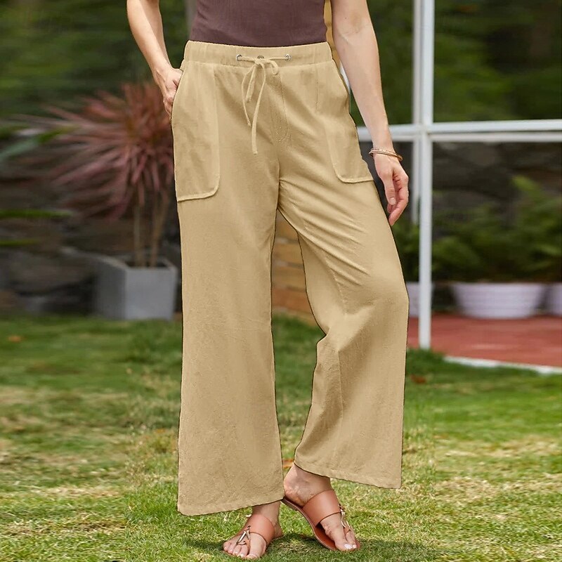 Women's Cotton Linen Pants Slacks Simple Casual Full Length Natural Plain Pocket Elastic Drawstring Design Comfy Outdoor Street Daily Wear Dark Brown Depression Green Light Sky Blue Black Summer2