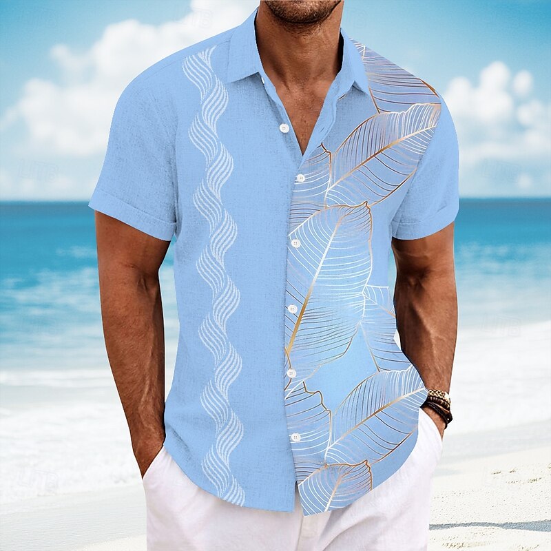 Men's Geometric Palm Leaf Tropical Plants Shirt Guayabera Shirt Button Up Shirt Short Sleeve Hawaiian Vacation Dailywear Beach Wear Summer Spring Turndown 3D Print Collared Shirts Pink Blue Sky Blue2
