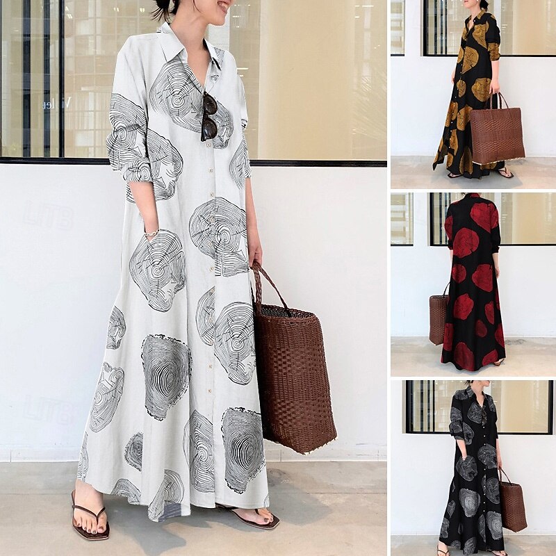 Women's Long Dress Maxi Dress Cotton Linen Dress Print Dress Fashion Daily Weekend Regular Fit Flower Long Sleeve Shirt Collar Black White Yellow Red Summer