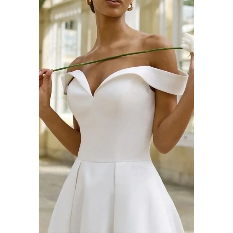 Engagement Little White Dress Bridal Shower Dresses Wedding Dresses A-Line Off Shoulder Short Sleeve Ankle Length Satin Bridal Gowns With Pleats3